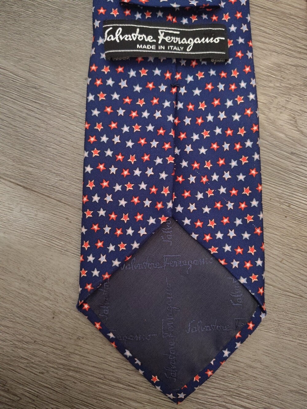 Vintage Salvatore Ferragamo Silk Tie Navy Blue Patriotic Stars Italy Necktie